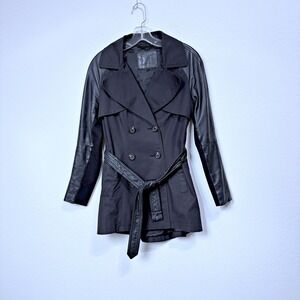 Dawn Levy DLNY Mixed Media Leather Sleeves Trench Coat Black Women S